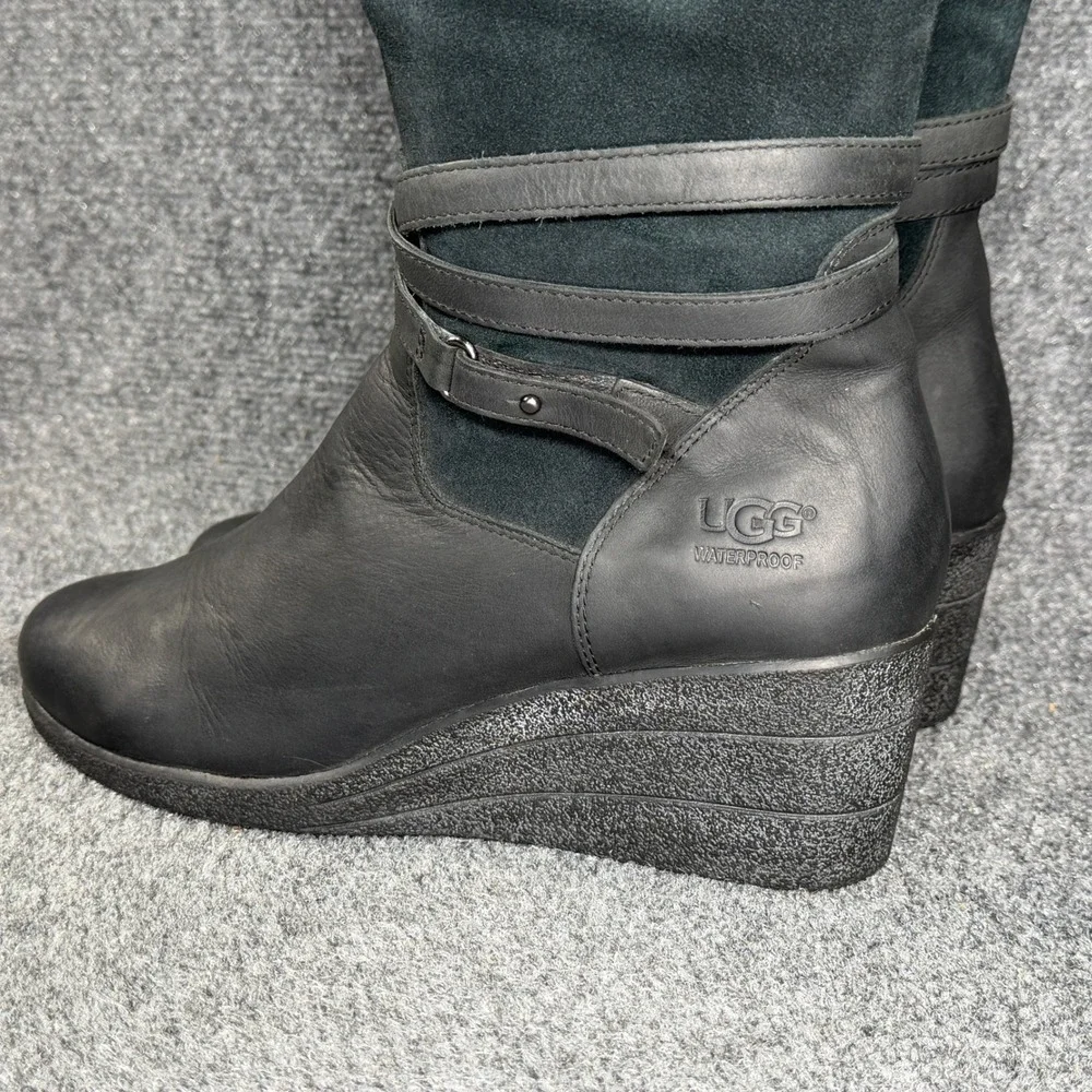 UGG Lesley Wedge Knee High Boots Women's 9 Black Suede Leather Tall Strap Buckle